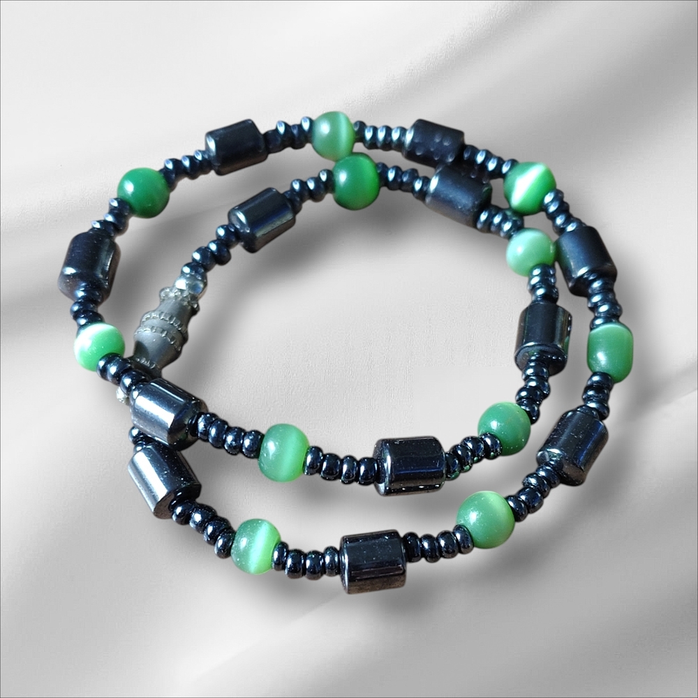 Women's Vintage Hand Beaded Hematile And Green Bracelet